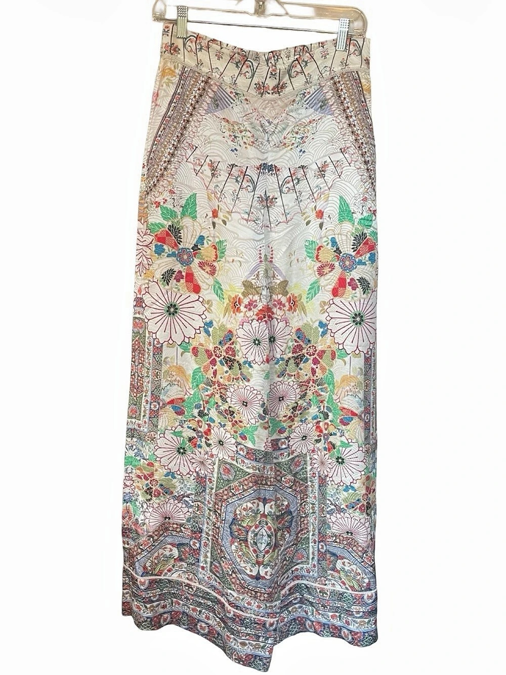 CAMILLA Crystal Embellished Floral Wide Leg Pants Silk Blend M